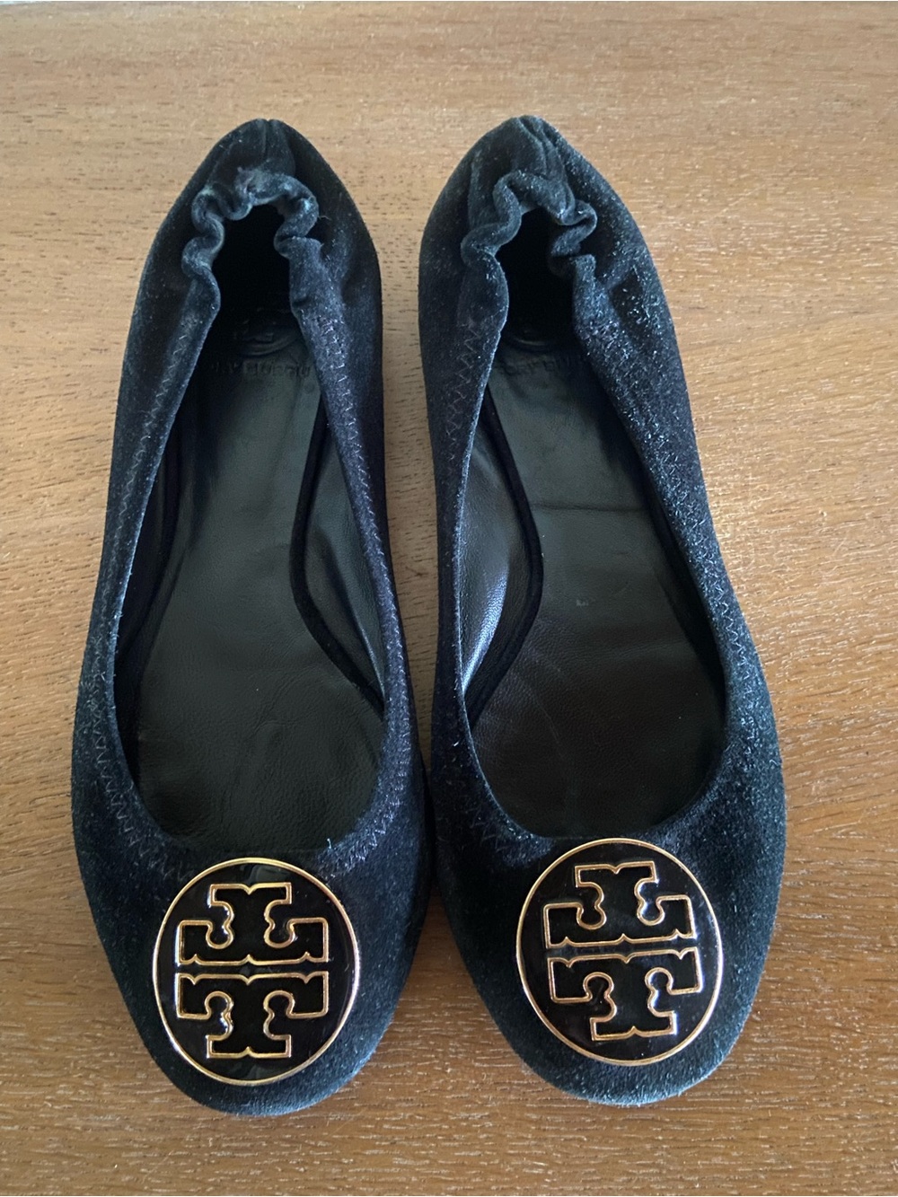 Tory Burch Black with Black & Gold Logo Round-Toe Flats